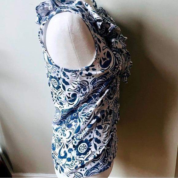 Lauren Ralph Lauren Blue Floral Ruffle Neck Cotton Sleeveless Top Womens Medium - Picture 6 of 12